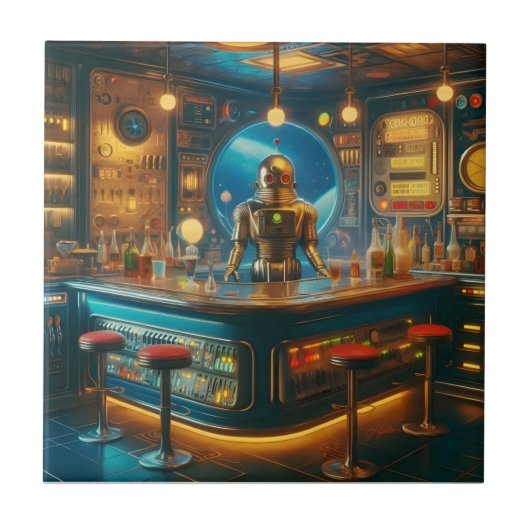 Robot Bartender in Interstellar Space Age Dive Bar Fliese (Vorderseite)