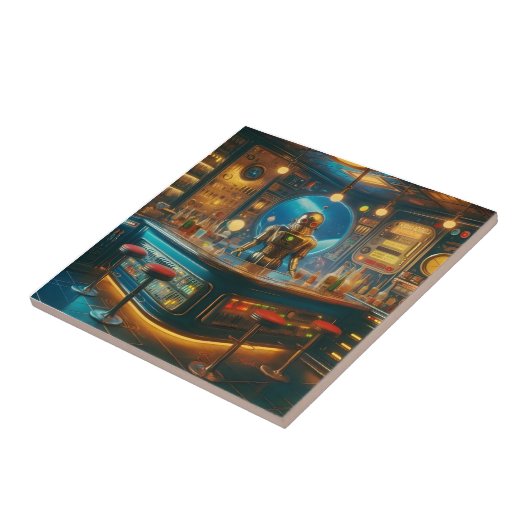 Robot Bartender in Interstellar Space Age Dive Bar Fliese (Seite)