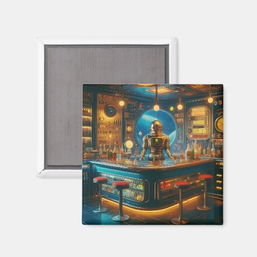 Robot Bartender in Interstellar Space Age Dive Bar Magnet (Vorderseite/Rückseite)