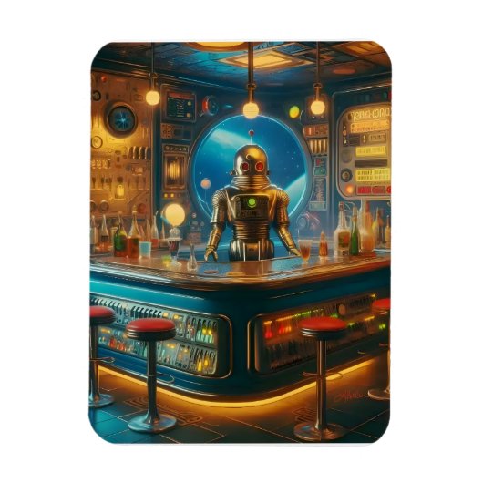 Robot Bartender in Interstellar Space Age Dive Bar Magnet (Vertikal)