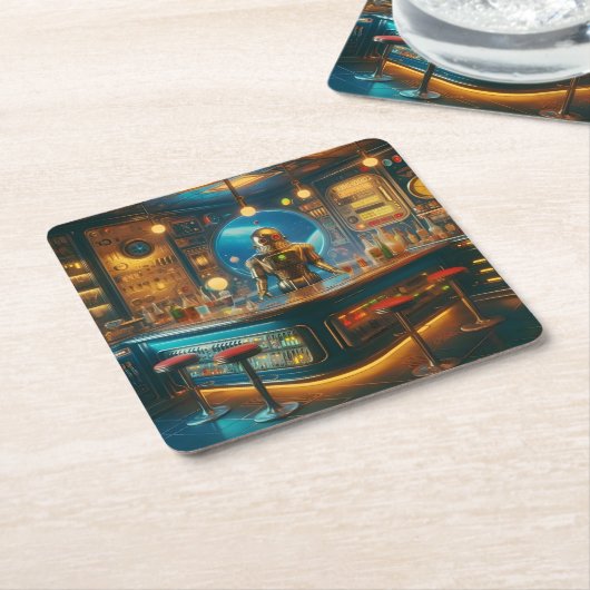 Robot Bartender in Interstellar Space Age Dive Bar Rechteckiger Pappuntersetzer (angewinkelt)