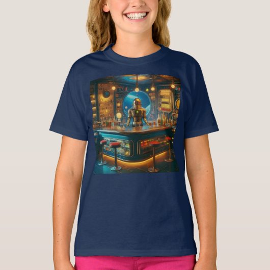 Robot Bartender in Interstellar Space Age Dive Bar T-Shirt (Vorderseite)