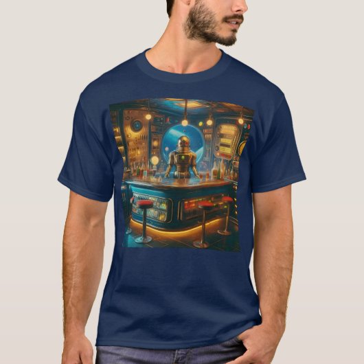 Robot Bartender in Interstellar Space Age Dive Bar T-Shirt (Vorderseite)