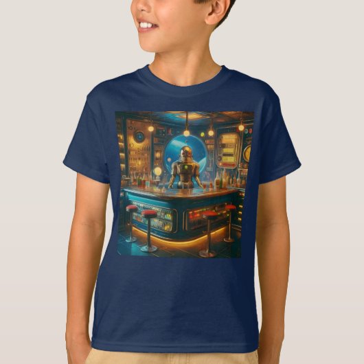 Robot Bartender in Interstellar Space Age Dive Bar T-Shirt (Vorderseite)