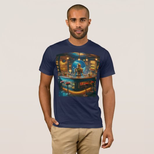 Robot Bartender in Interstellar Space Age Dive Bar T-Shirt (Vorne ganz)