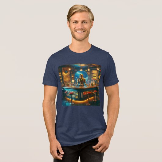 Robot Bartender in Interstellar Space Age Dive Bar Tri-Blend Shirt (Vorderseite voll)