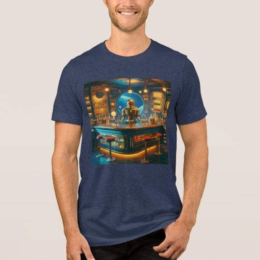 Robot Bartender in Interstellar Space Age Dive Bar Tri-Blend Shirt (Vorderseite)