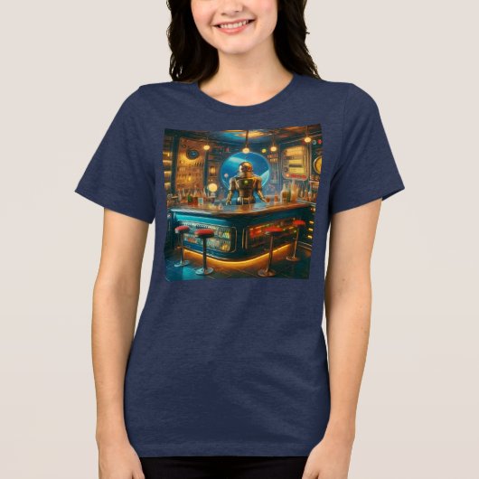 Robot Bartender in Interstellar Space Age Dive Bar Tri-Blend Shirt (Vorderseite)