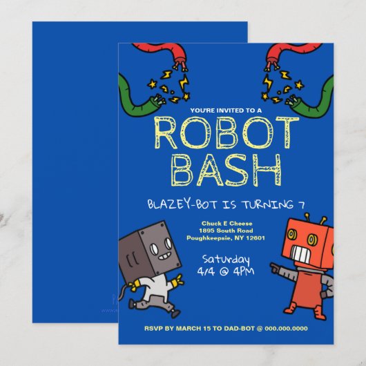 Robot Birthday Bash Einladung (Vorne/Hinten)