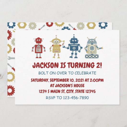 Robot Birthday Einladung (Vorne/Hinten)