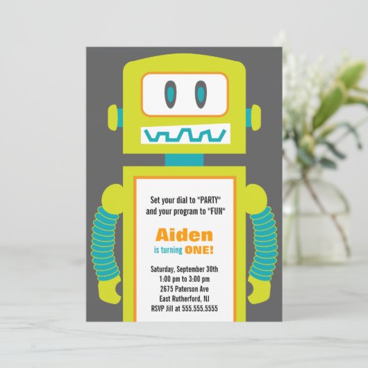 Robot Birthday Einladung (Stehend Vorderseite)