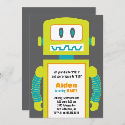Robot Birthday Einladung (Vorne/Hinten)