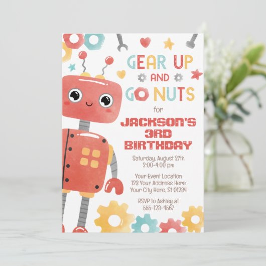 Robot Birthday Einladung, Boy Robot Einladung (Stehend Vorderseite)