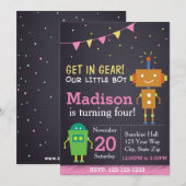 Robot Birthday Einladung (Mädchen) (Vorne/Hinten)