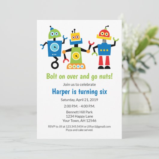 Robot Birthday Einladung Roboter (Stehend Vorderseite)