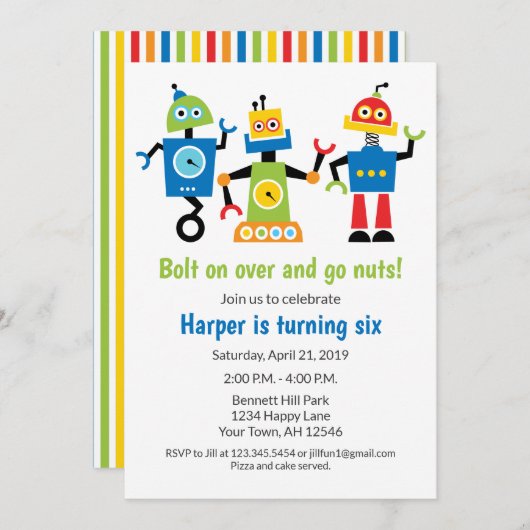 Robot Birthday Einladung Roboter (Vorne/Hinten)