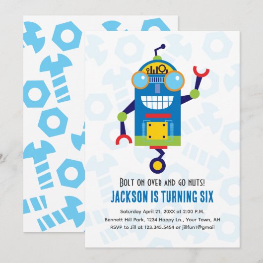 Robot Birthday Einladung Roboter (Vorne/Hinten)
