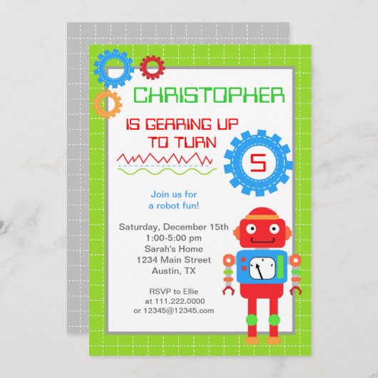 Robot Birthday Einladungen (Vorne/Hinten)