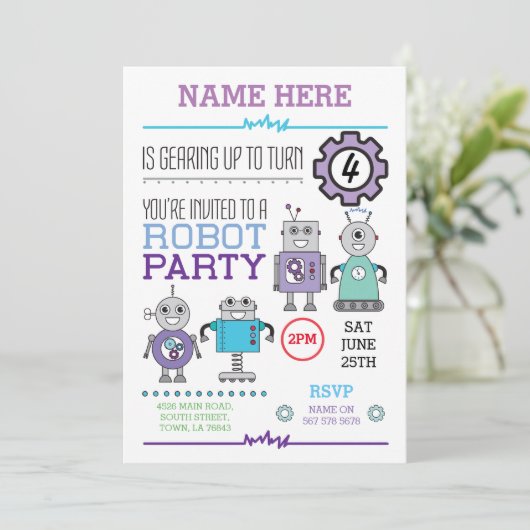 ROBOT Birthday Party Blue Gears Cogs Roboter einla Einladung (Stehend Vorderseite)