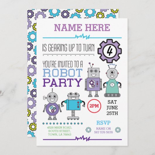ROBOT Birthday Party Blue Gears Cogs Roboter einla Einladung (Vorne/Hinten)