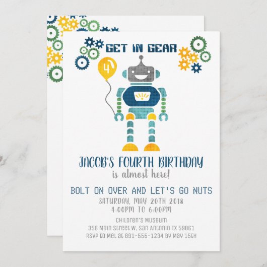 Robot Birthday Party Einladung (Vorne/Hinten)