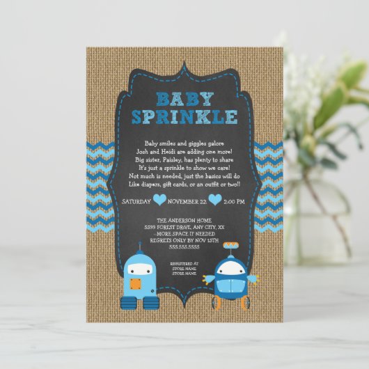 ROBOT BOOT, Baby-Sprinkle / Bachtel-Tafel RUSTIC Einladung (Stehend Vorderseite)
