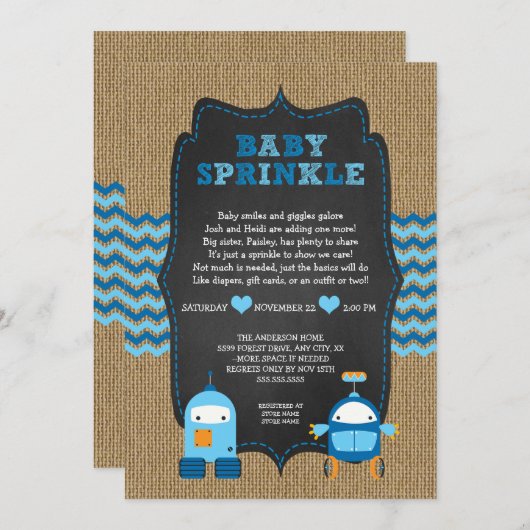 ROBOT BOOT, Baby-Sprinkle / Bachtel-Tafel RUSTIC Einladung (Vorne/Hinten)