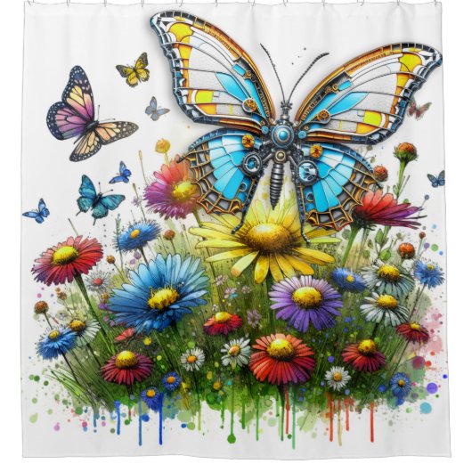 Robot Butterfly und Wildblumen Duschvorhang (Vorderseite)