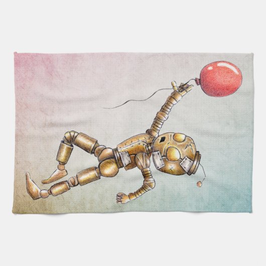 Robot Chasing A Red Balloon Kittuch Geschirrtuch (Horizontal)