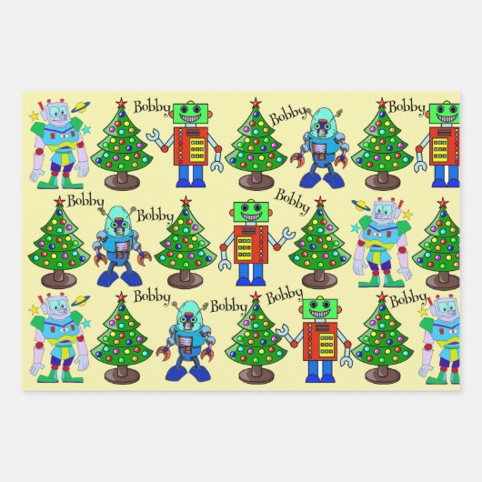 Robot Christmas Add Boy's Name 3 Niedlich Geschenkpapier Set (Vorderseite 3)