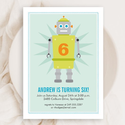 Robot Colorful Kids Green Blue Birthday Einladung