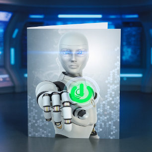 Robot drückt Notizkarten mit Stromknopf im Sci-Fi- Karte