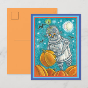 ROBOT ERNTET KÜRBISSE, HALLOWEEN MECHANISCHER MANN FEIERTAGSPOSTKARTE
