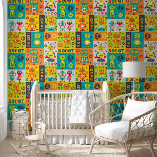 Robot farbenfrohe Fun Orange Green Yellow Pattern Tapete