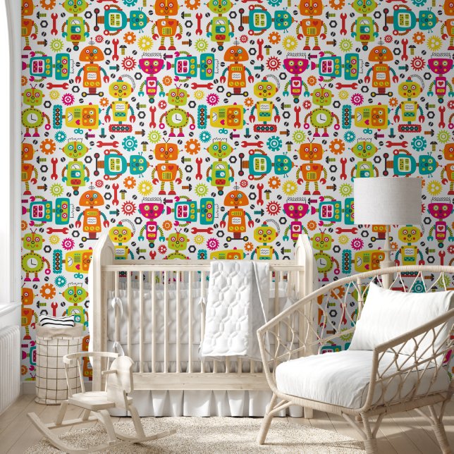 Robot farbenfroher Fun Pink Green Orange Muster Tapete (Kinder)