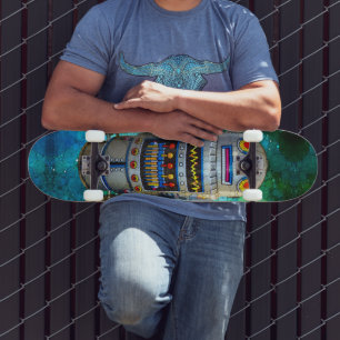 Robot in Vintage Retro Blau Grün Galaxie Cool Cute Skateboard