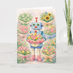 Robot mit Blumen – Pastell-Wasserfarbe Karte