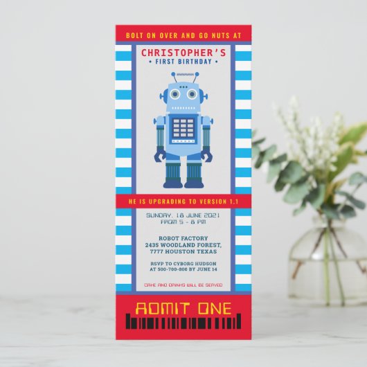 Robot Party Birthday Ticket Einladung (Stehend Vorderseite)