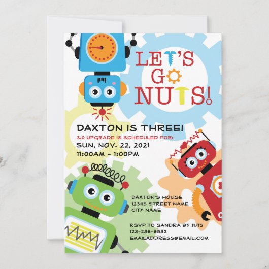 Robot Party Thema Geburtstag Einladung (Vorderseite)