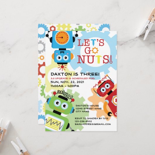 Robot Party Thema Geburtstag Einladung (Vorderseite/Rückseite Beispiel)