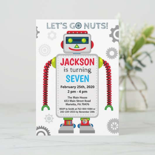 Robot Party Thema Geburtstag Einladung (Stehend Vorderseite)