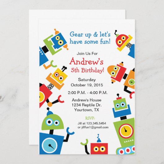 Robot Party Thema Geburtstag Einladung (Vorne/Hinten)