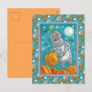 ROBOT PICKING PUMPKINS , HALLOWEEN MECHANISCHEN MA FEIERTAGSPOSTKARTE