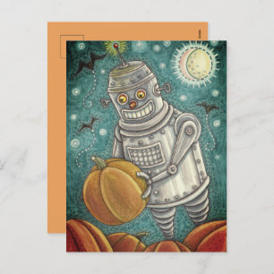 ROBOT PICKING PUMPKINS , HALLOWEEN MECHANISCHEN MA FEIERTAGSPOSTKARTE