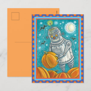 ROBOT PICKING PUMPKINS , HALLOWEEN MECHANISCHEN MA FEIERTAGSPOSTKARTE