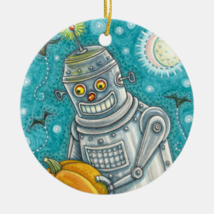 ROBOT PICKING PUMPKINS , HALLOWEEN MECHANISCHEN MA KERAMIK ORNAMENT