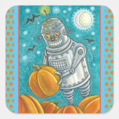 ROBOT PICKING PUMPKINS , HALLOWEEN MECHANISCHEN MA QUADRATISCHER AUFKLEBER (Vorderseite)