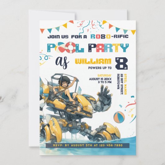 Robot Pool Party Geburtstag Einladung (Vorderseite)