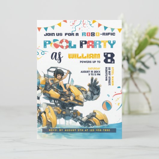 Robot Pool Party Geburtstag Einladung (Stehend Vorderseite)