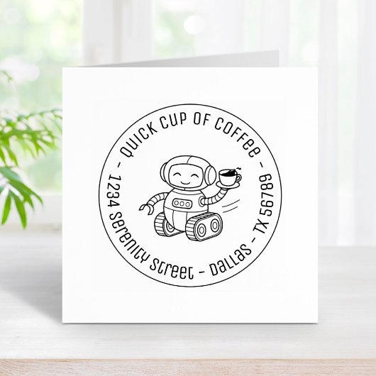 Robot Serving Coffee Business Round Address Gummistempel